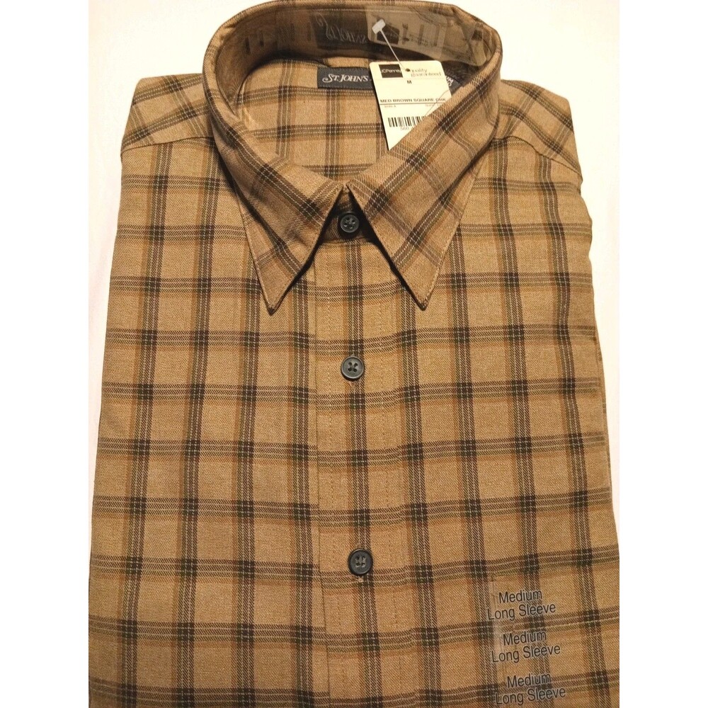 St Johns Bay Shirt New! Brown Checkerd Medium Long Sleeve 100% Cotton